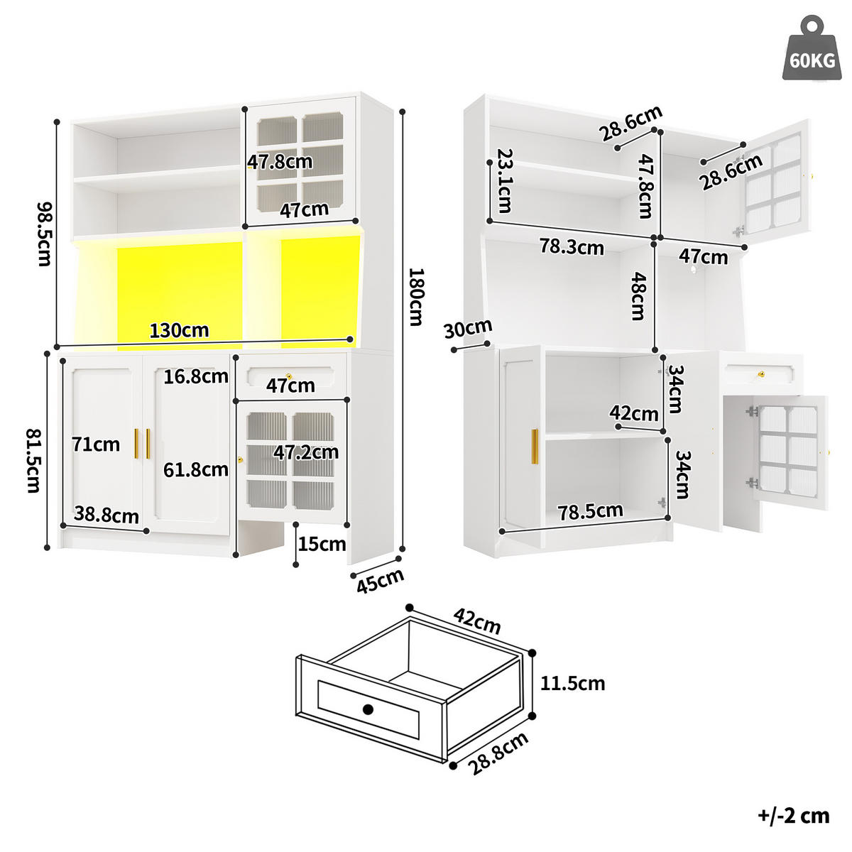 GESCHIRRSCHRANK aus MDF 130x45x180cm in Weiß mit LED-Beleuchtung - Weiß, Holzwerkstoff (130/180/45cm) - Modfu