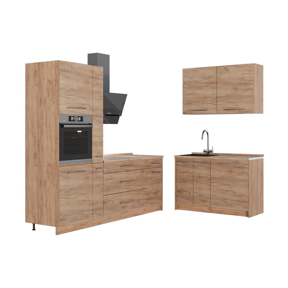 KÜCHENZEILE Fame-Line, Goldkraft Eiche/Goldkraft Eiche, 220 x 120 cm ohne Arbeitsplatte - Honigeiche, Holzwerkstoff (220/206.8/51.6cm) - Vicco