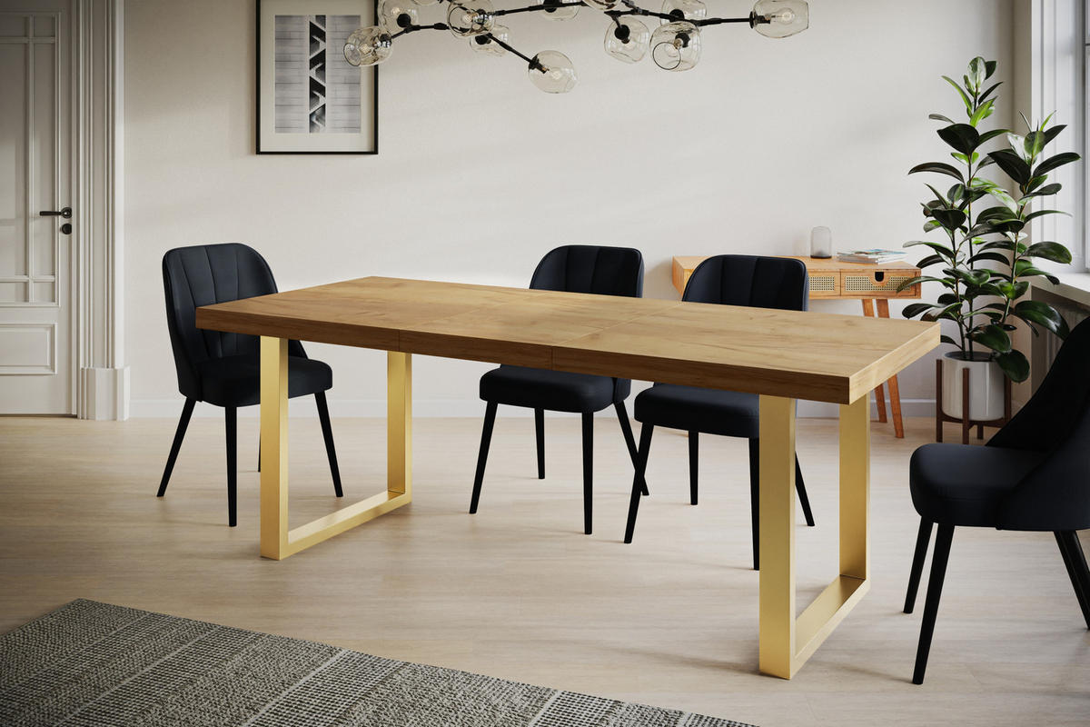 ESSZIMMERTISCH LOFT-U, ausziehbarer Tisch 160-260X90X77 cm, Farbe: CRAFT, mit Metallbeinen in Farbe Gold - Goldfarben/Braun, Holzwerkstoff (160/90/77cm) - Alpi-Möbel