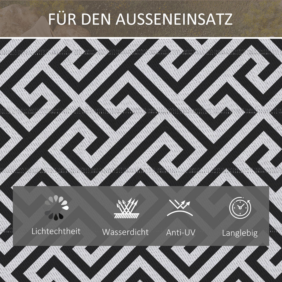OUTDOORTEPPICH, PP-Kunststoff, Schwarz+Weiß - Schwarz, Kunststoff (182/121cm) - Outsunny