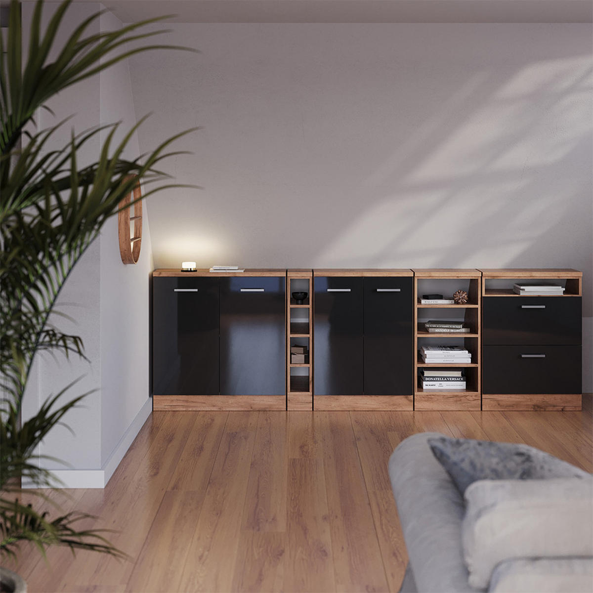 KUHINJSKI ORMAR ZA KOSINE KROVA R-Line Antracit visokog sjaja 120 cm Set od 2 korpusa ormara, dubina 60 cm - hrast medunac/crna visoki sjaj, drvni materijal (120/83.8/60cm) - Vicco