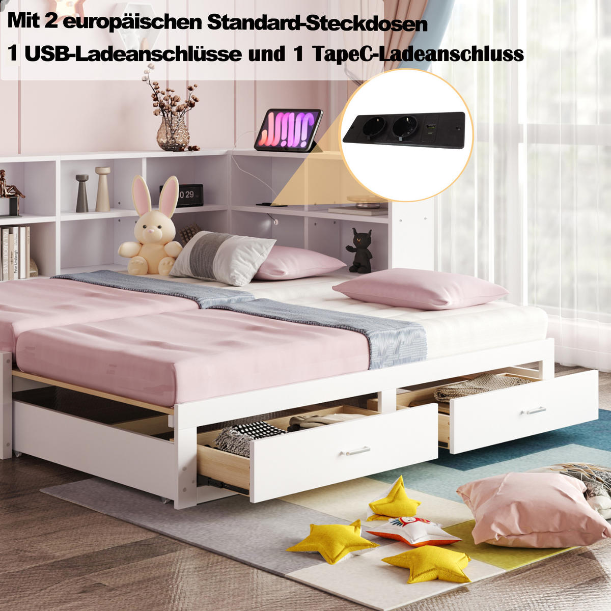 JUGENDBETT 90/180x190cm mit Ausziehbett，Weiß - Weiß, Holz (90/190cm) - KOMHTOM