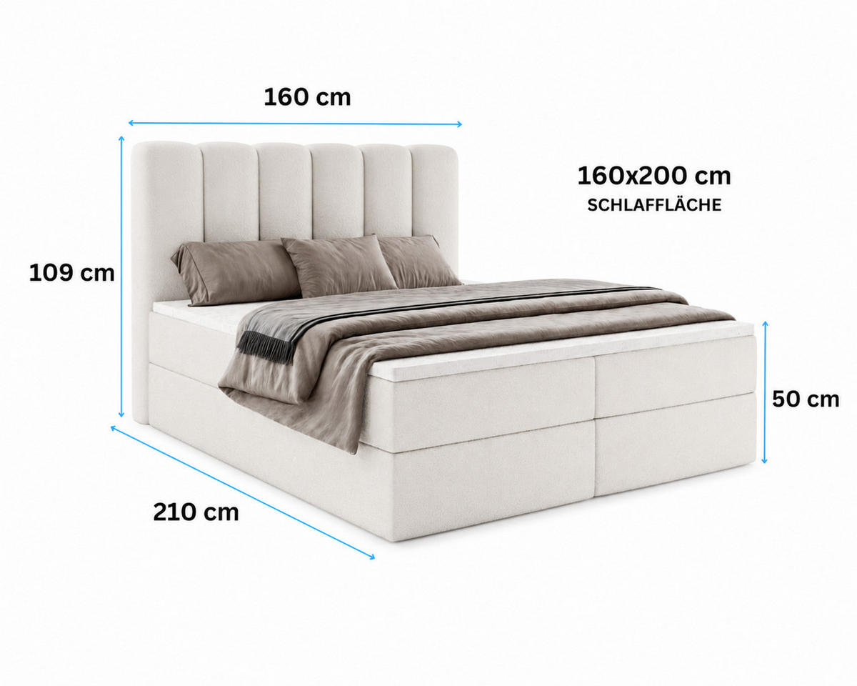 BOXBET NOLARO 160x200 cm Komplett-Set mit Bettkasten, Bonell-Matratze und Topper, Bouclé Weiß - Weiß, Textil (160/200cm) - Luxkor24