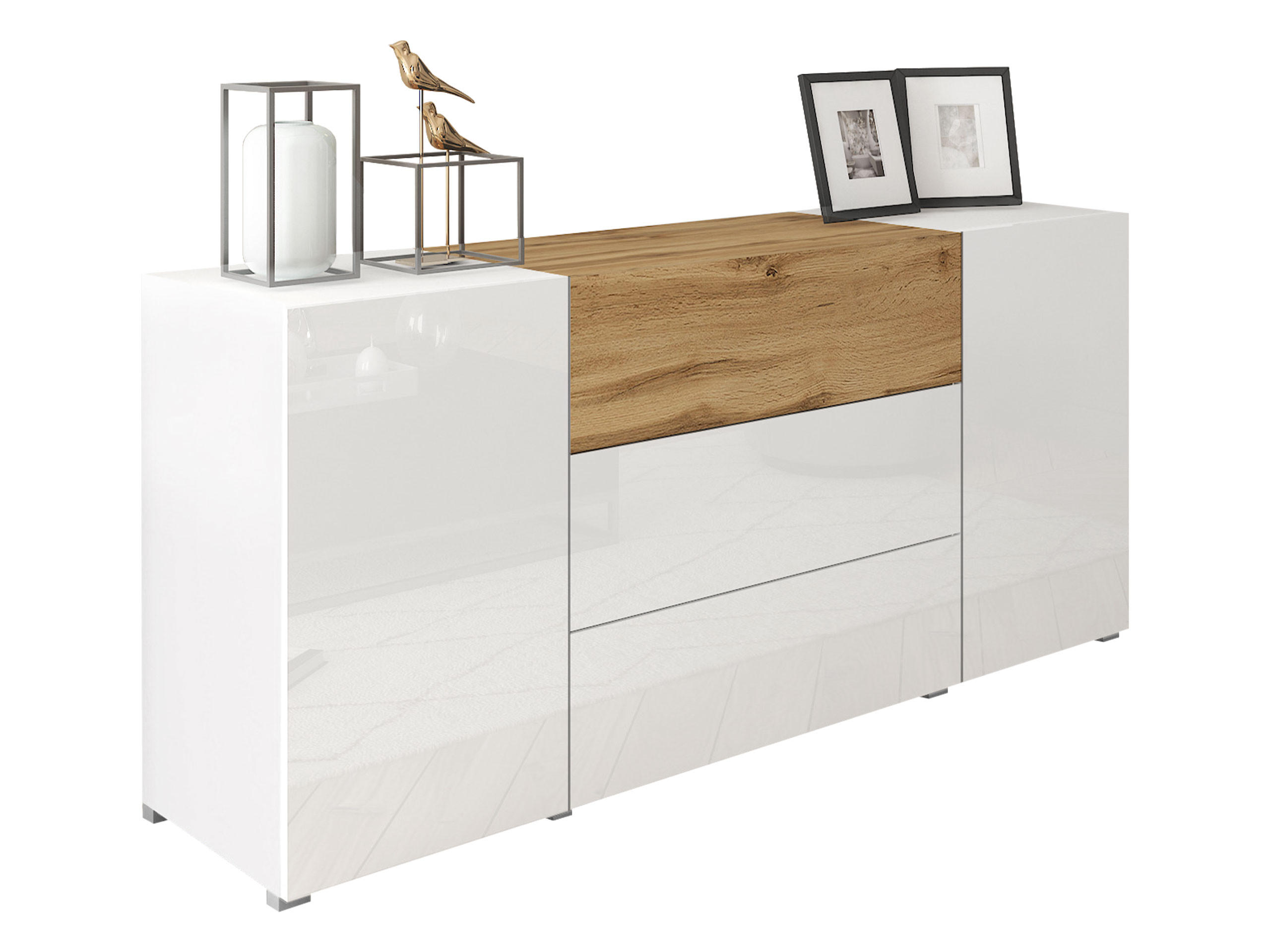 Mirjan24 Sideboard Weiß Hochglanz, Eiche Wotan 150x68x39 cm