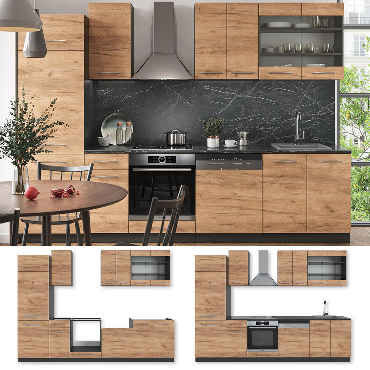 KÜCHENZEILE Fame-Line Goldkraft Eiche/Anthrazit 300 cm, AP Anthrazit - Honigeiche/Anthrazit, Holzwerkstoff (300/81.6/60cm) - Vicco