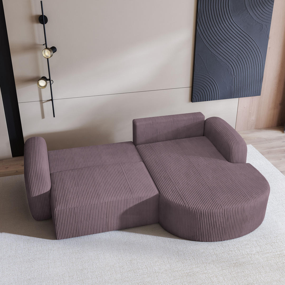 ECKSOFA AMILIA P R-S Lila Kordstoff mit Schlaffunktion - Lila, Holz (263/174cm) - MASSENO