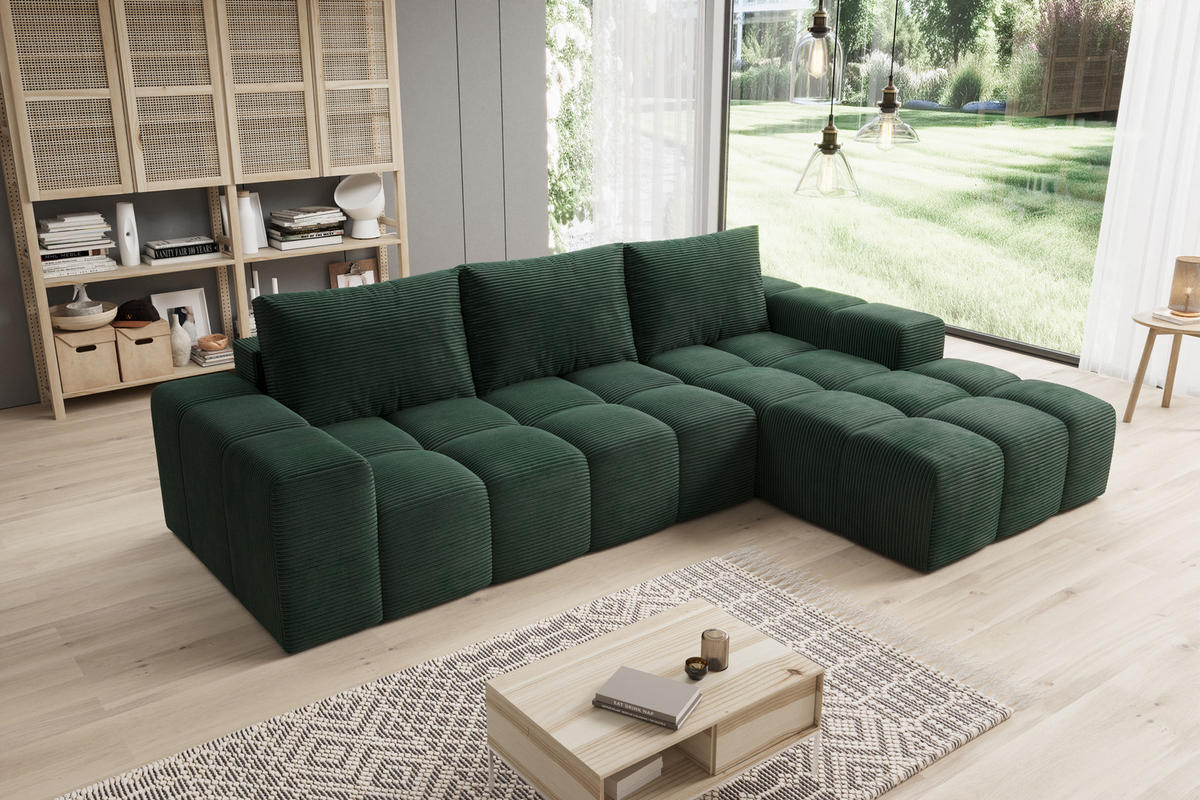 ECKSOFA Cento, L-Form, Ottomane Rechts, Cordstoff, 285x56x180 cm, Grün - Grün, Holz (250/180cm) - PROMETO Möbel