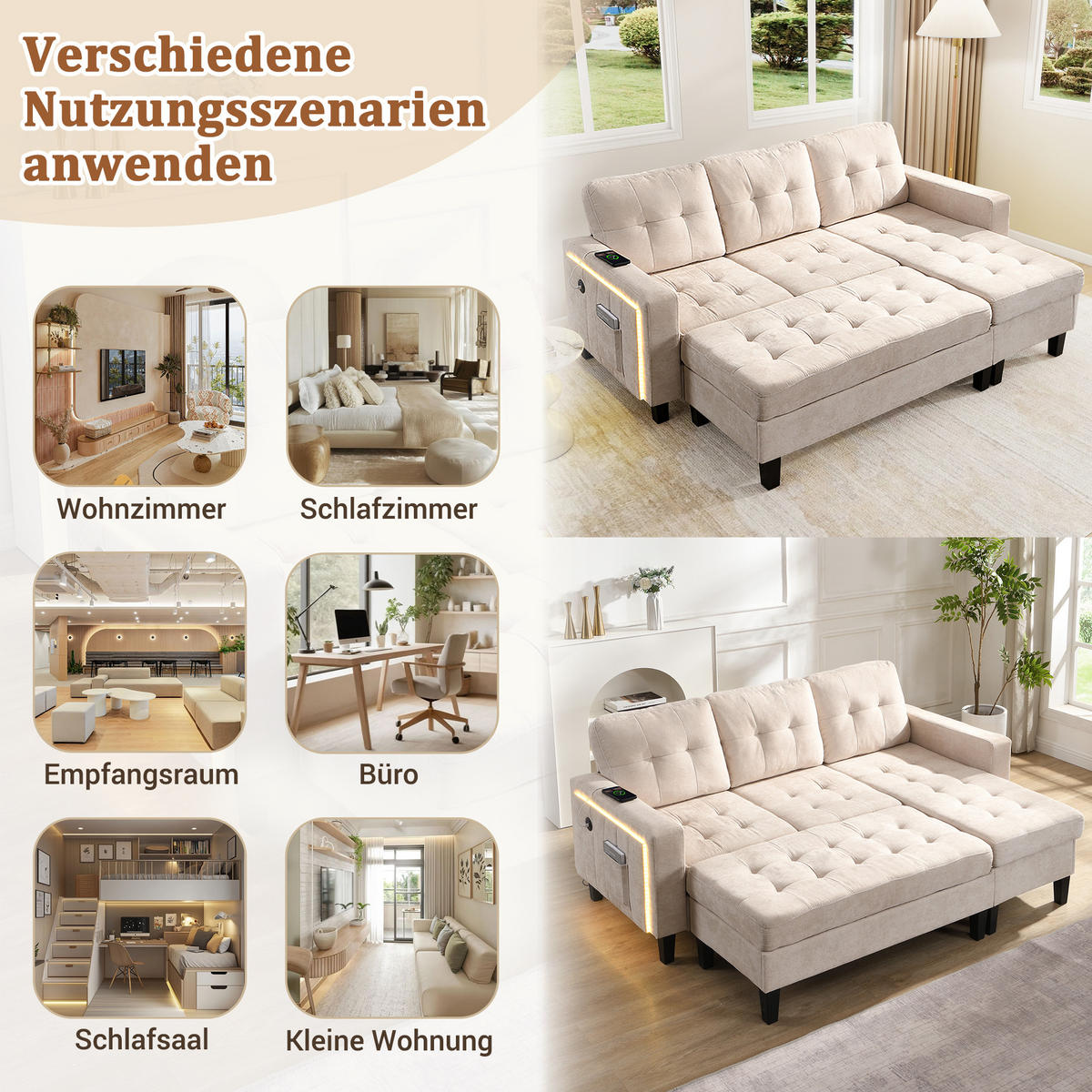SCHLAFSOFA 185/135/85 cm Beige mit beweglicher Fußbank und LED-Ambiente-Beleuchtung - Beige, Textil (185/85/135cm) - Oxeza