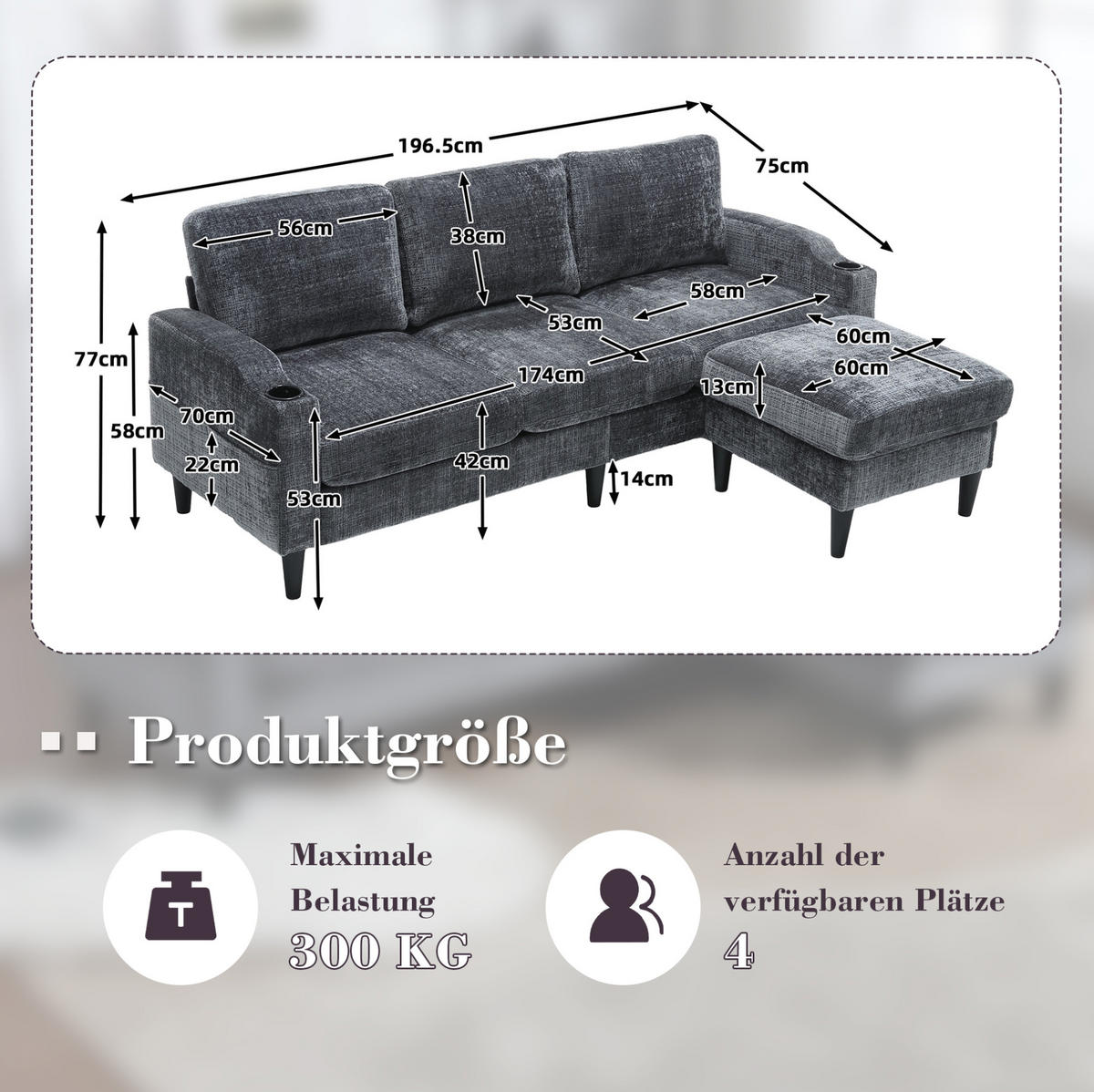 SOFA 4-Sitzer mit Hocker und Stauraum 196,5 x 75 x 77 cm Chenille Gray - Grau, Kunststoff (196.5/77/75cm) - Meubliv