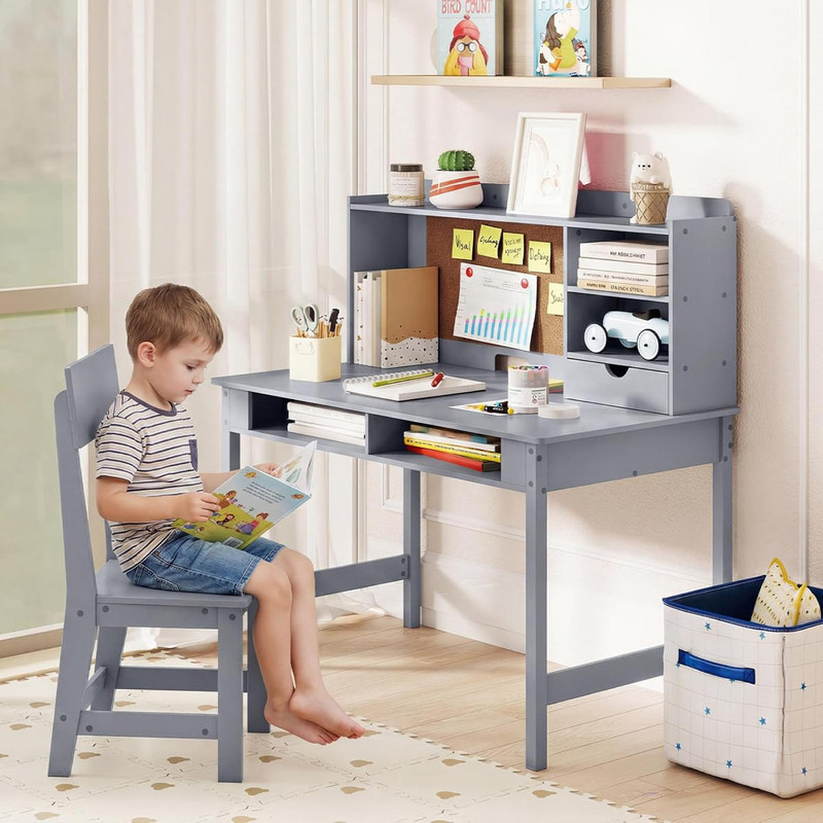 KINDERSCHREIBTISCH-SET aus Holz grau(2-tlg) - Grau, Holzwerkstoff (110/110/60cm) - COSTWAY