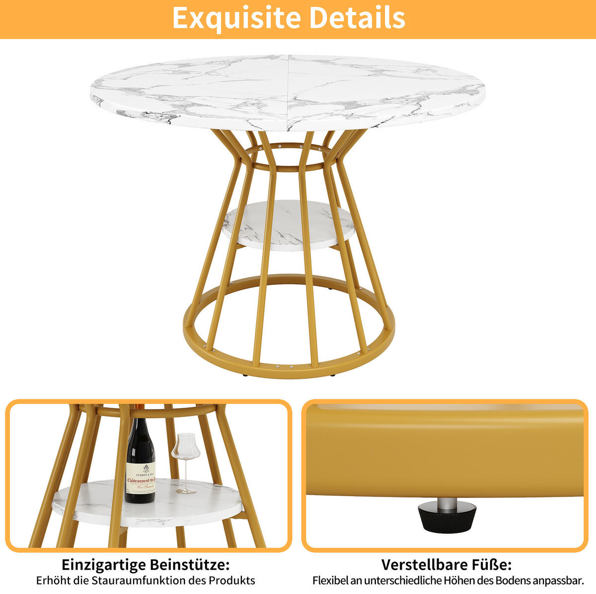 ESSTISCH, MDF in Marmoroptik mit Ablagefläche & Metallgestell, Ø 100/76 cm, Gold - Goldfarben, Holzwerkstoff (100/100/76cm) - Redom