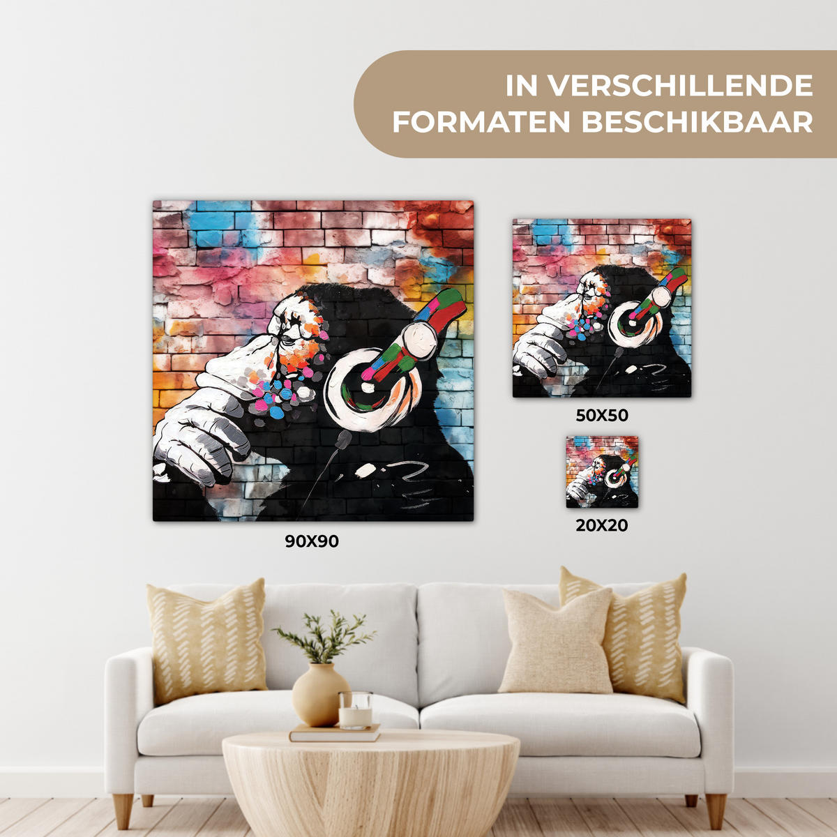 LEINWANDBILD Affe - Graffiti - Musik Wandbild Wohnzimmer 50x50 cm - Multicolor, Textil (50/50cm) - MuchoWow