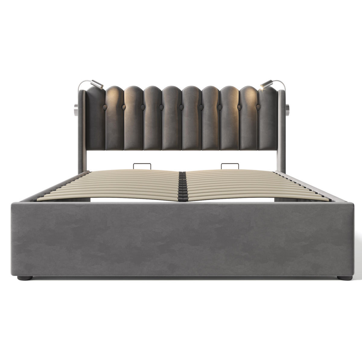 POLSTERBETT aus Samt 140x200 cm in Grau mit USB, Leselicht & Matratze - Grau, Textil (140/200cm) - Modfu