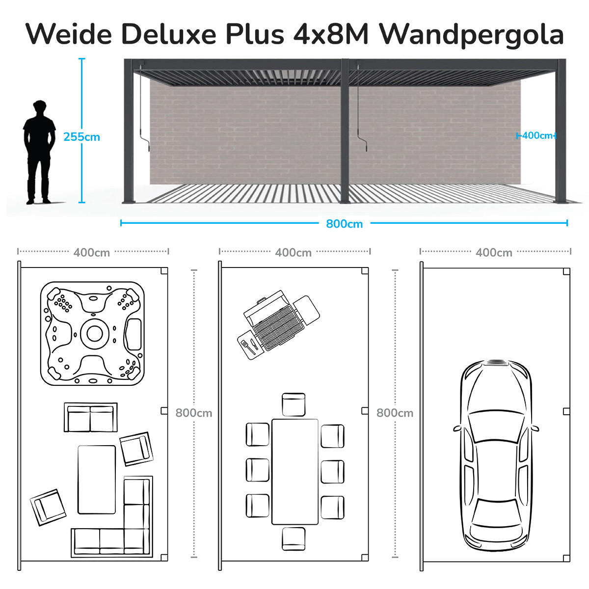 PERGOLA Deluxe Plus Wand Pavillon Terrassenüberdachung Aluminium 4 x 8 m - Anthrazit, Metall (400/255/800cm) - WEIDE