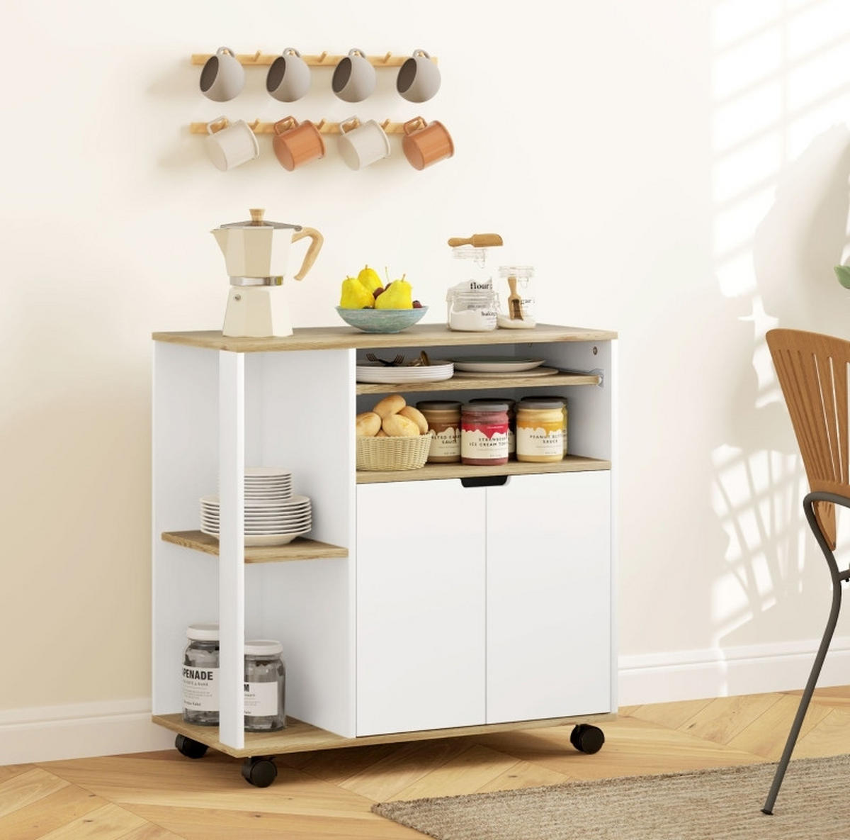 KÜCHENWAGEN 80/40/82 cm in Naturfarben/Weiß mit Rollen und Schrank - Weiß, Holz (80/82/40cm) - Flora Grace