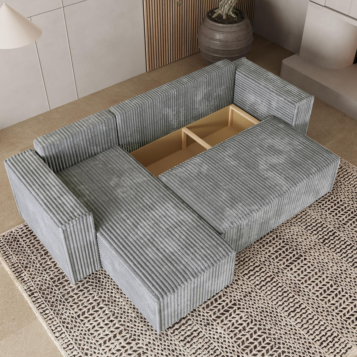 ECKSOFA RAVELO T Hellgrau Kordstoff mit Schlaffunktion - Hellgrau/Grau, Holz/Kunststoff (240/140cm) - MASSENO