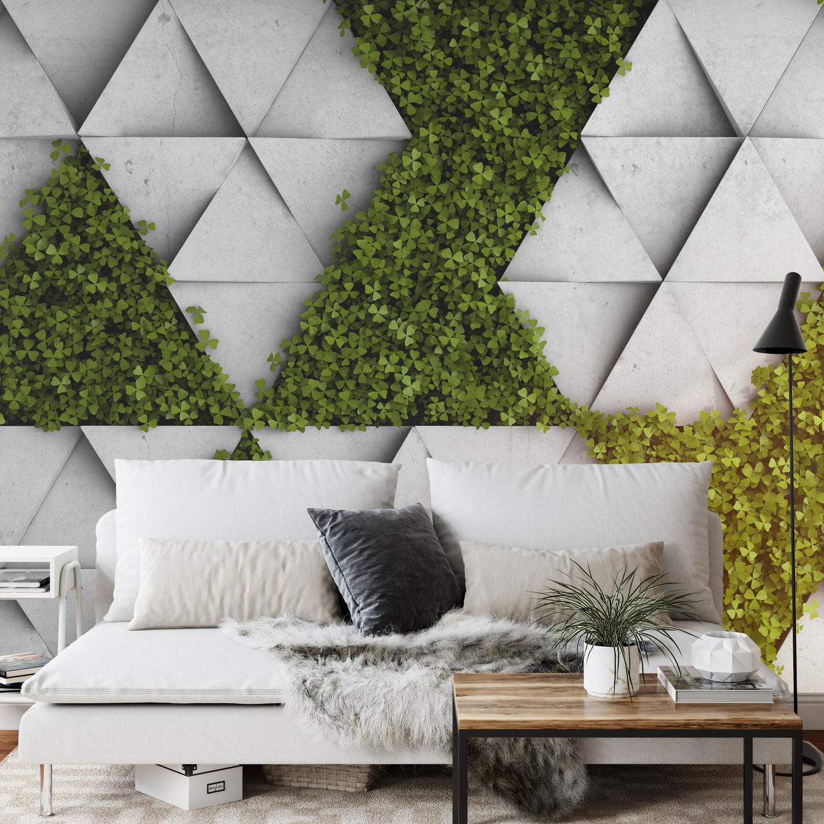 FOTOTAPETE für Wohnzimmer Klee Beton Dreiecke Abstraktion Modern 450x315 - Grau/Grün, Papier (450/315cm) - Muralo
