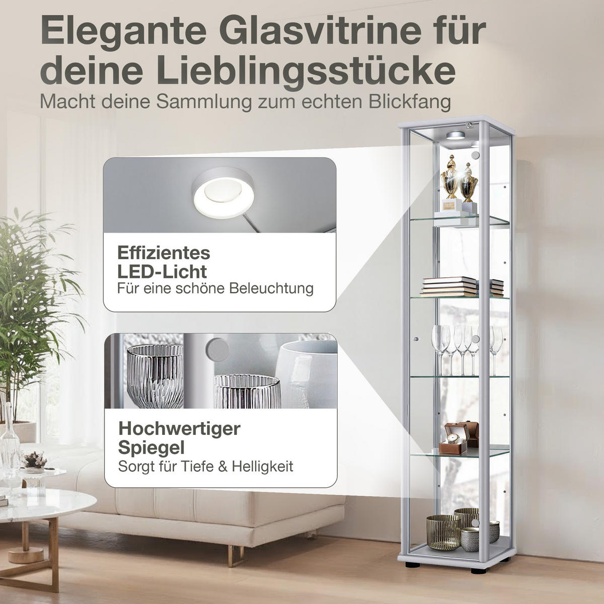 GLASVITRINE 33/37/176 cm mit Spiegel, LED, Schloss & 4 höhenverstellbaren Glasböden - Transparent/Silberfarben, Glas/Holzwerkstoff (37/176/33cm) - K-Möbel