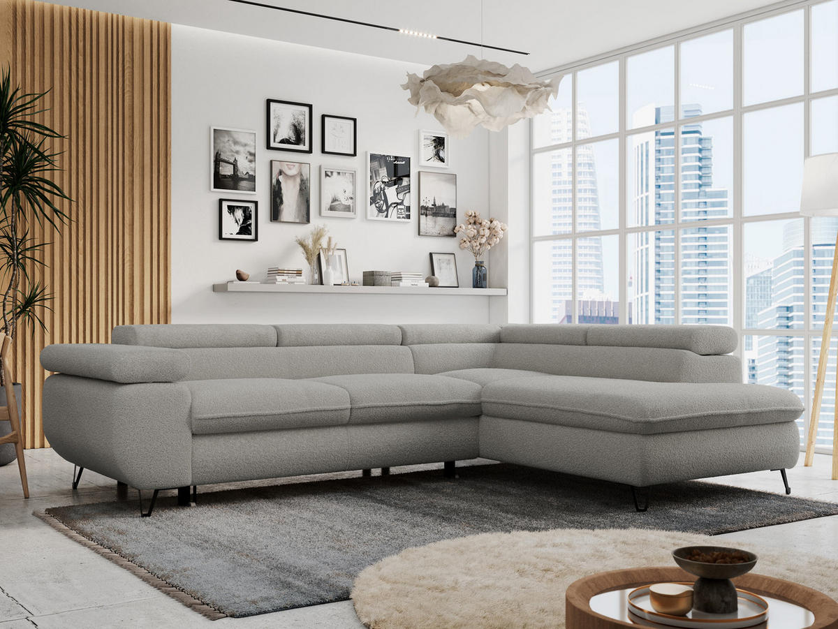 ECKSOFA PETER L Hellgrau Boucle - Rechts Seite - Hellgrau/Schwarz, Textil/Metall (273/208cm) - MKS