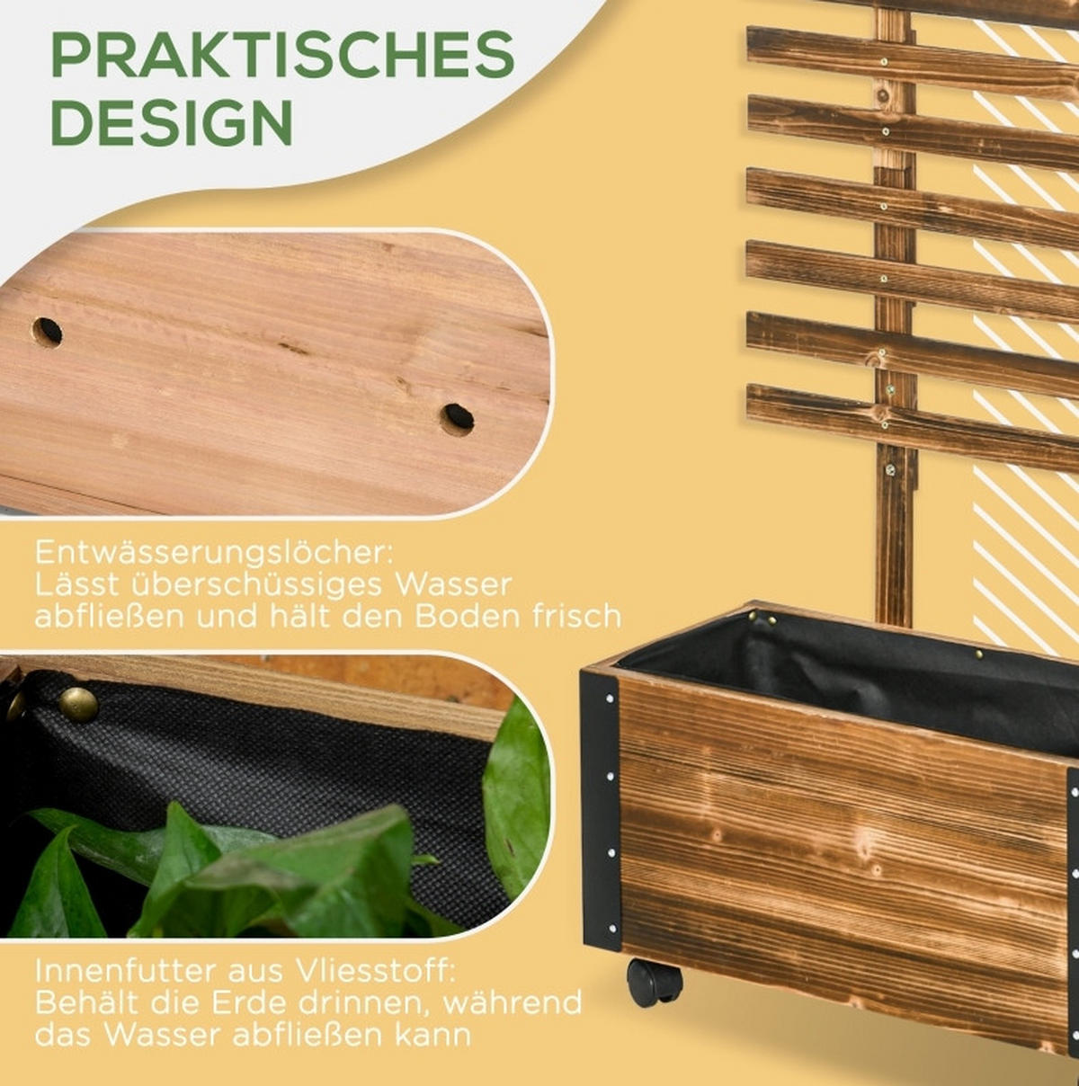 BLUMENKASTEN aus Massivholz 65x31x147 cm in Braun mit Rankhilfe & 4 Rollen - Braun, Holz (31/147/65cm) - Modfu