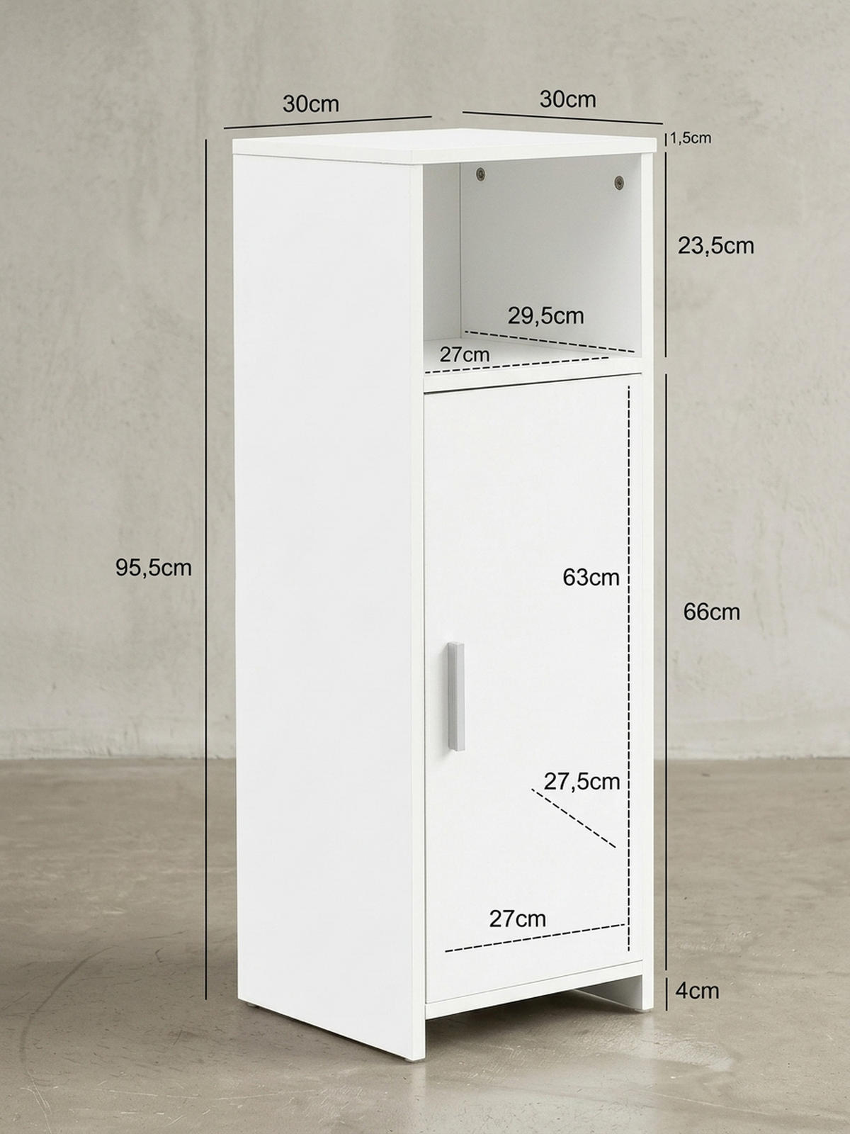 BADSCHRANK Weiß 30x95,5x30 cm aus Melamin mit kratzfester Oberfläche - Schwarz/Weiß, Holz/Metall (30/96/30cm) - KADIMA DESIGN