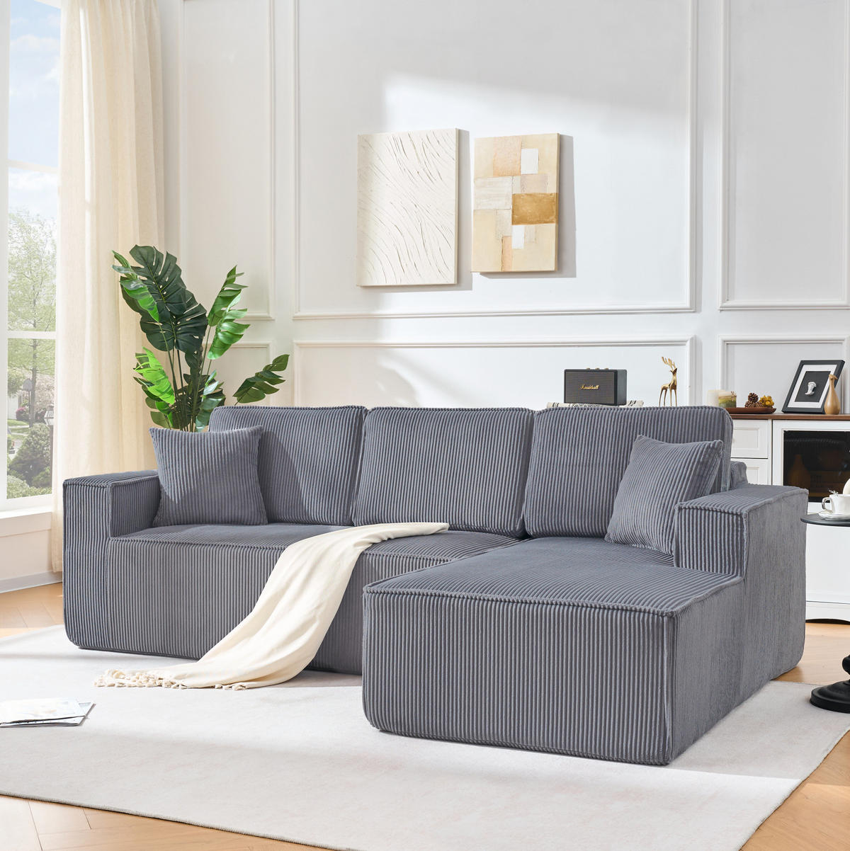 ECKSOFA 235/128/60 cm grau aus Cordstoff modular mit Chaiselongue - Grau, Textil (128/235cm) - OKWISH