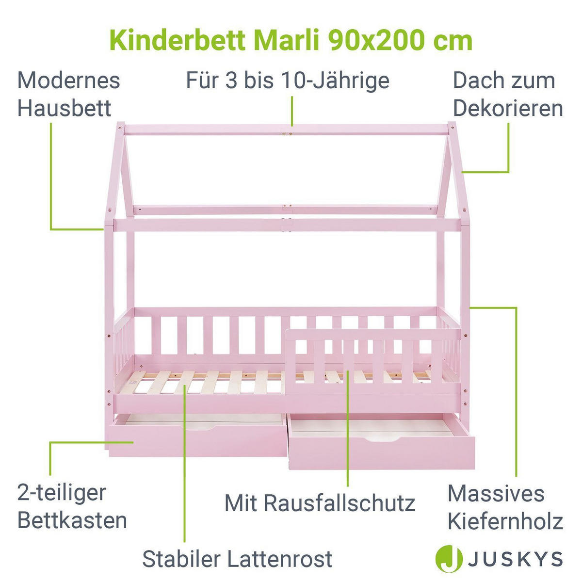 KINDERBETT Marli mit Matratze und Bettkasten rosa 90x200 cm - Rosa, Holz (90/200cm) - Juskys