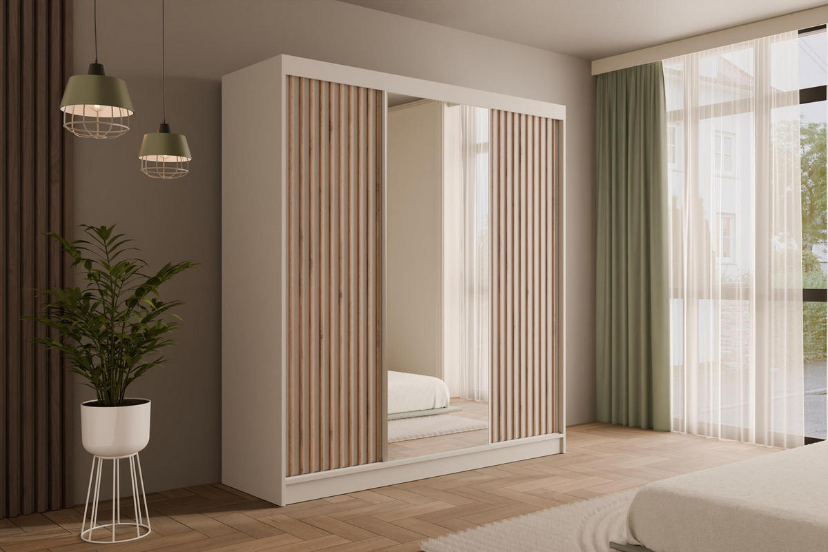 KLEIDERSCHRANK mit Spiegel V2-ZENTI 215x200 cm Weiß - Weiß, Holzwerkstoff (200/215/61cm) - ALTDECOR