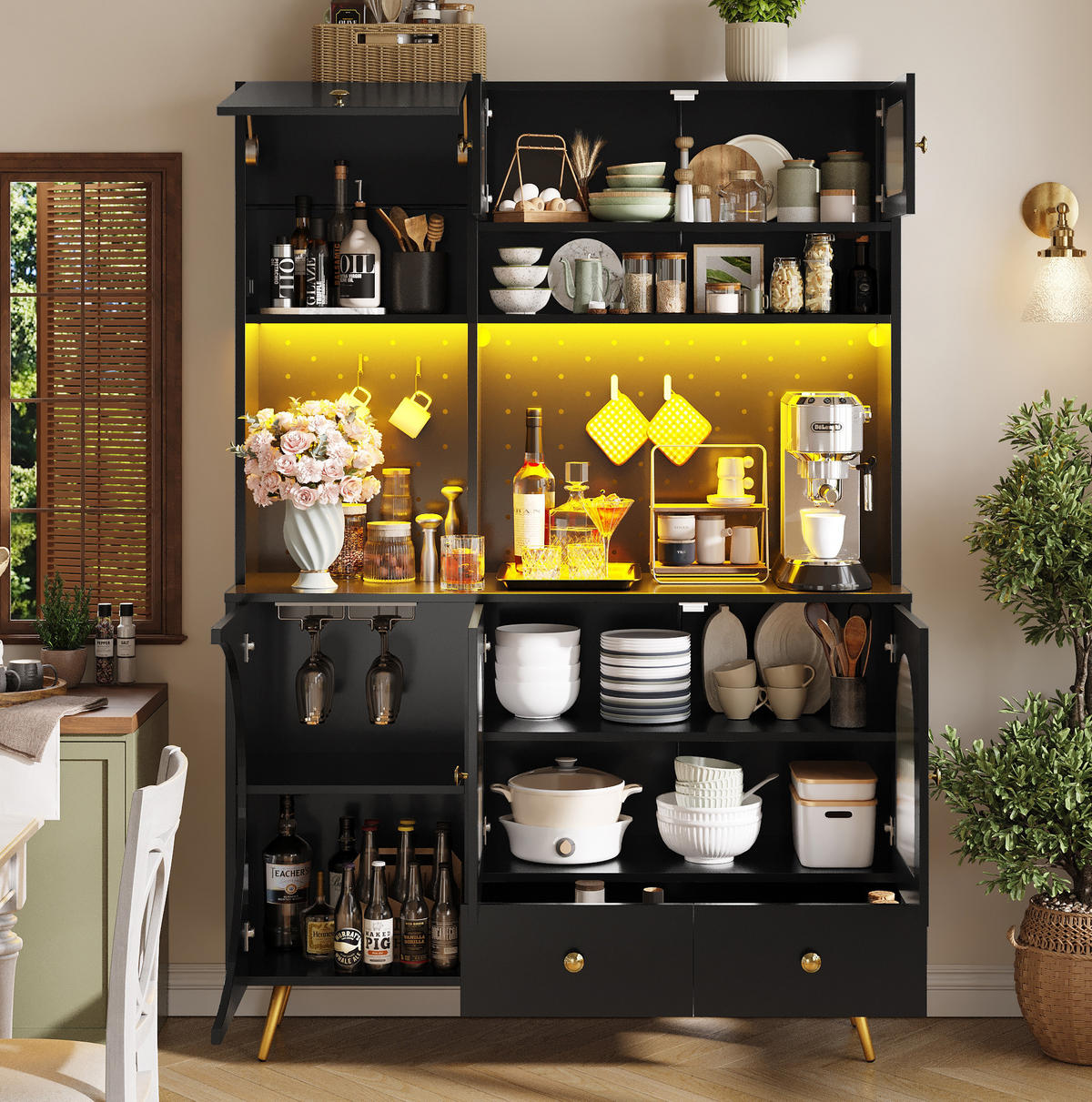 HOCHSCHRANK mit LED und Steckdosen 120 x 40 x 176 cm MDF Glas Schwarz - Schwarz, Glas (40/176/120cm) - Meubliv