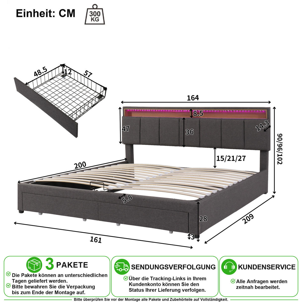 POLSTERBETT 160/200 cm in Dunkelgrau mit LED Leinen - Grau, Holzwerkstoff/Textil (160/200cm) - CHICFURN