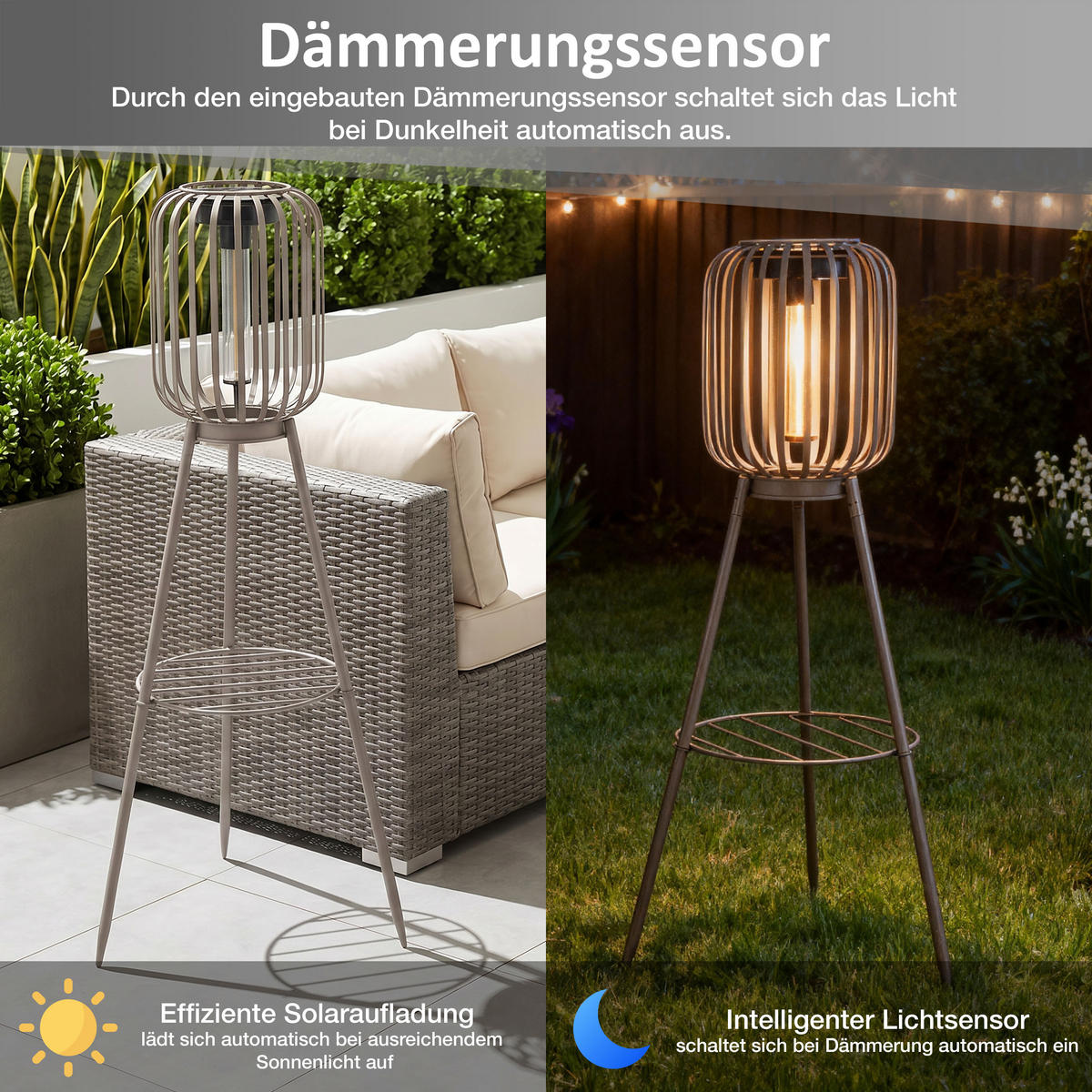 SOLAR-STEHLEUCHTE 3in1 mit COB-LED Solarpanel ELBLIGHT 17x17x68cm Metall Höhenverstellbar beige - Schwarz, Metall (17/17/68cm) - Northpoint