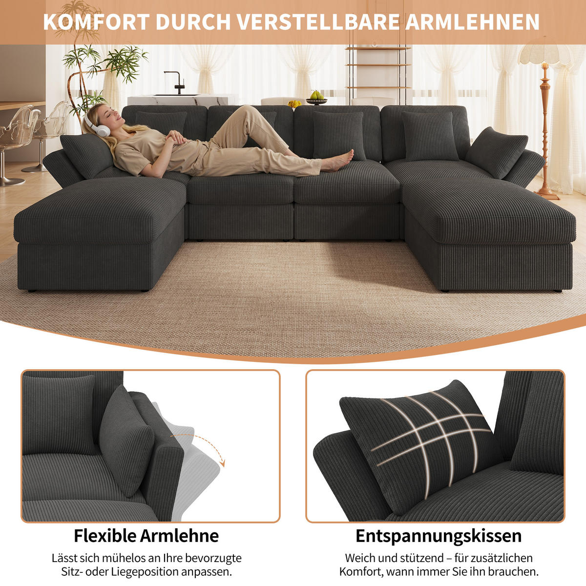 WOHNLANDSCHAFT Cord Grau mit verstellbaren Armlehnen und Hocker - Dunkelgrau, Kunststoff/Textil (290/89/159.5cm) - WISHDOR