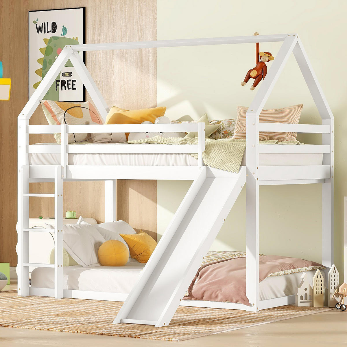 ETAGENBETT 90/200 cm Weiß Hausbett mit Rutsche und Leiter - Weiß, Holz (90/200cm) - OKWISH