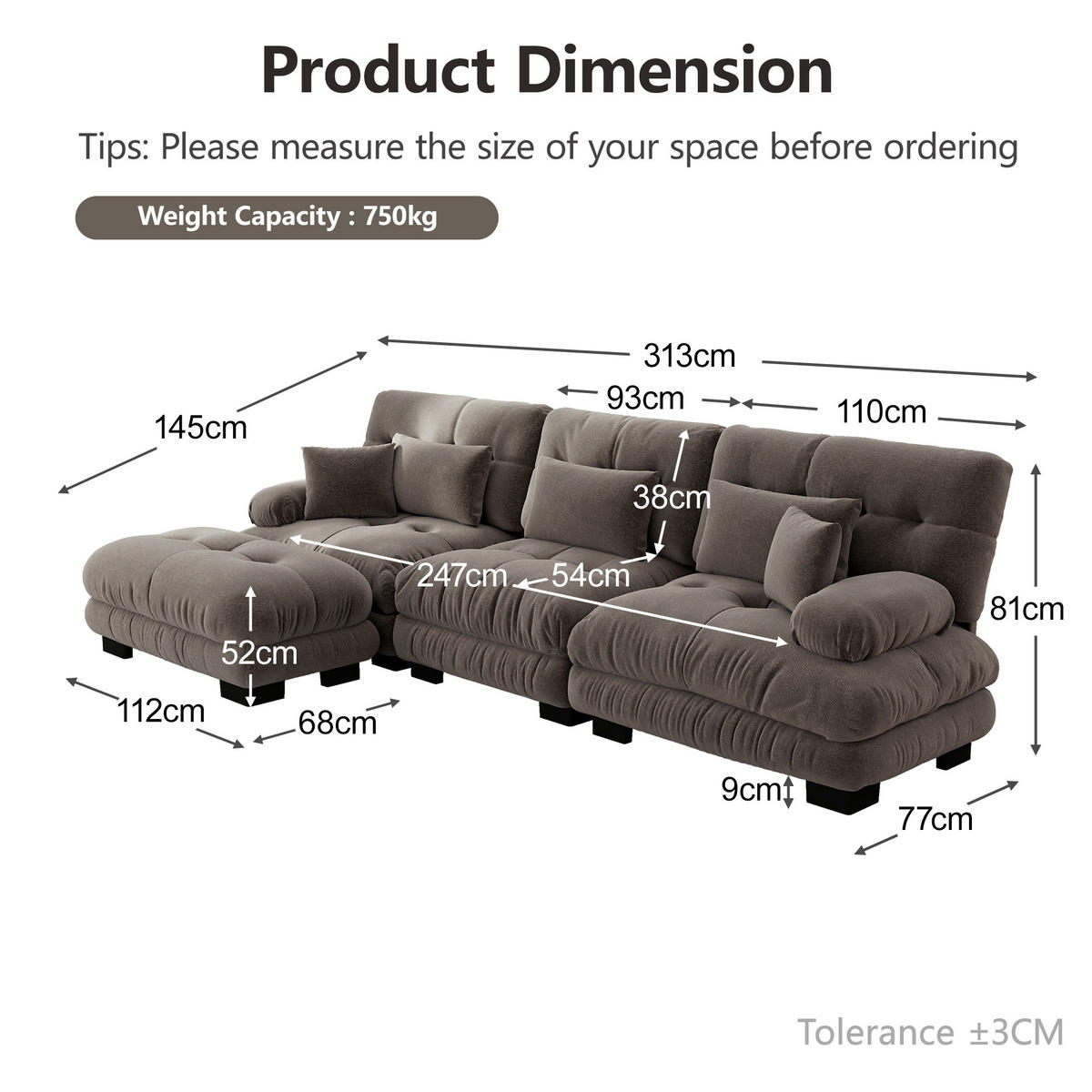 L-FÖRMIGES ECKSOFA Braun 313/145/81 cm 3-Sitzer Modular mit Hocker - Braun, Textil (313/145cm) - PANGIVO