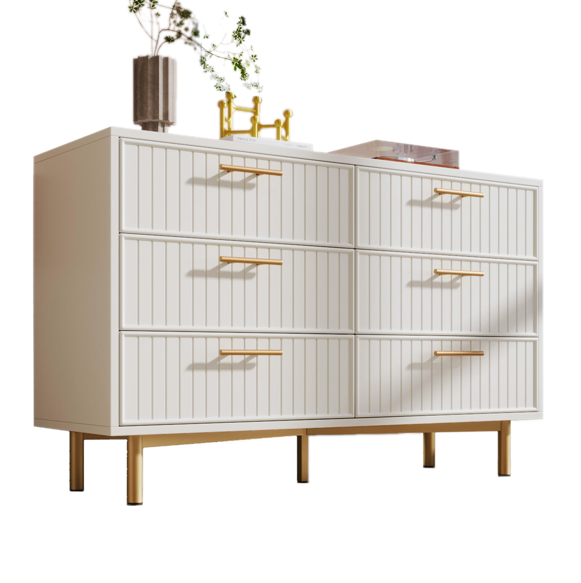 SCHUBLADENKOMMODE 120/40/75 cm mit 6 Schubladen und goldfarbenen Griffen - Weiß, Holzwerkstoff (120/40/75cm) - BEAOK