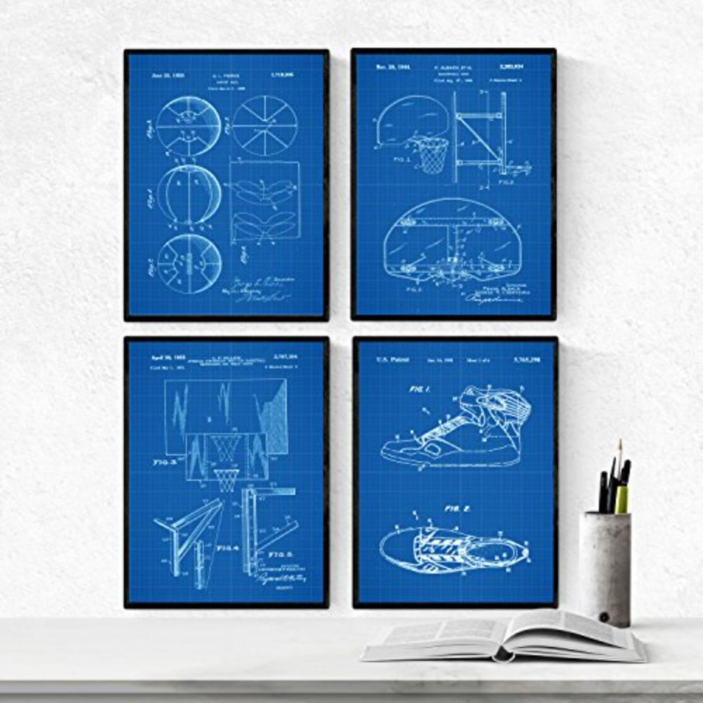 POSTER Set mit 4 Blau Basketball Patent A4 Schwarzer Rahmen - Schwarz, Papier (29.7/3cm) - Nacnic