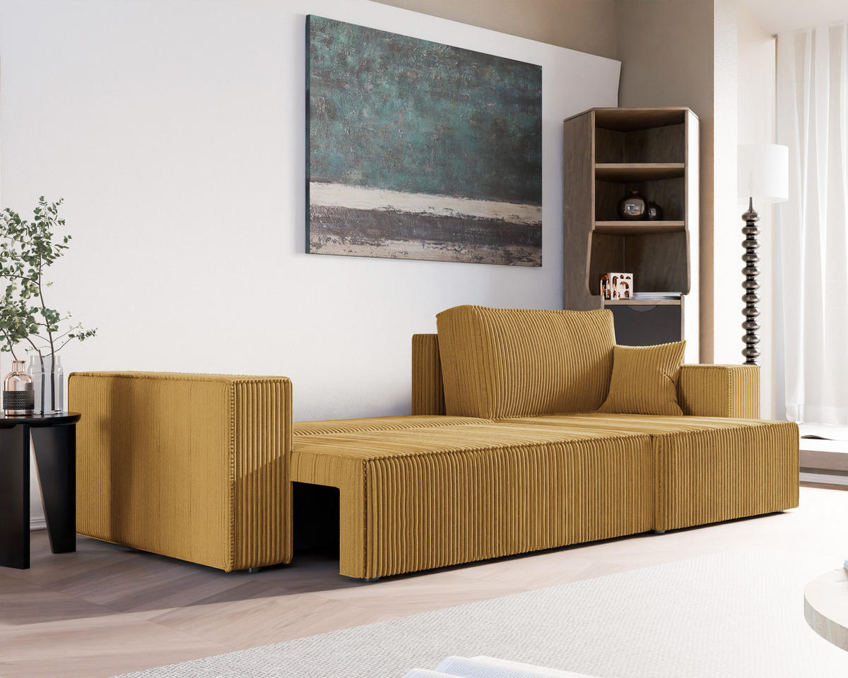 ECKSOFA mit Schlaffunktion und Bettkasten, Gelb - Gelb, Holzwerkstoff/Textil (145/276cm) - Idohome