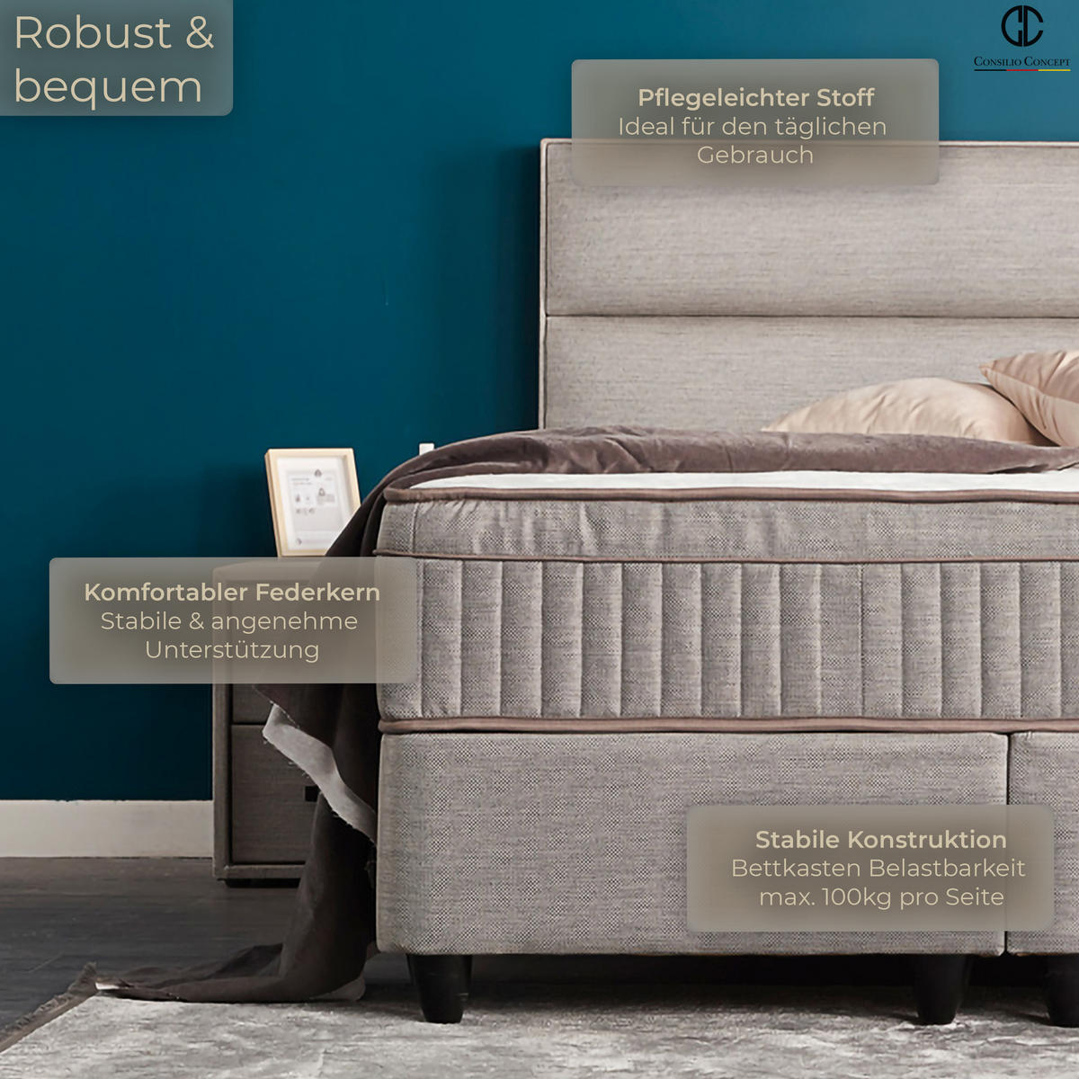 BOXSPRINGBETT MIT BETTKASTEN SEVILLA 140/200 cm, Grau, Bettkasten, Matratze, Topper integriert, H3 mittel 7-Zonen Matratze - Schwarz/Grau, Holz/Kunststoff (140/200cm) - Consilio Concept