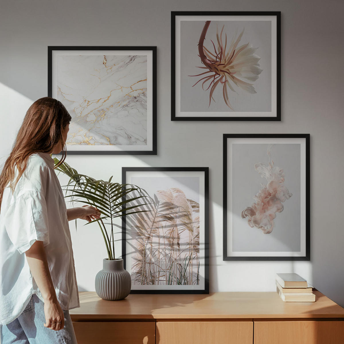 BILDER SET 4er Set - 50x50 cm & 40x60 cm Schwarzer Rahmen - Elegante Gräser, Blumen, Marmor - Schwarz, Kunststoff (50/50cm) - TULUP