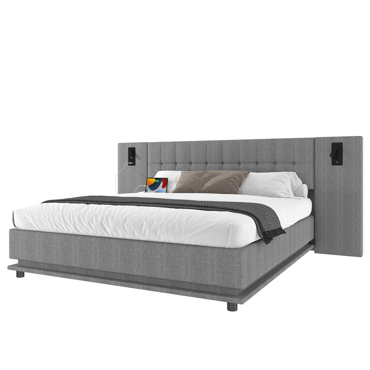 POLSTERBETT 180/200 cm Grau mit LED-Beleuchtung und USB-Anschluss aus Leinen - Grau, Textil (180/200cm) - OKWISH