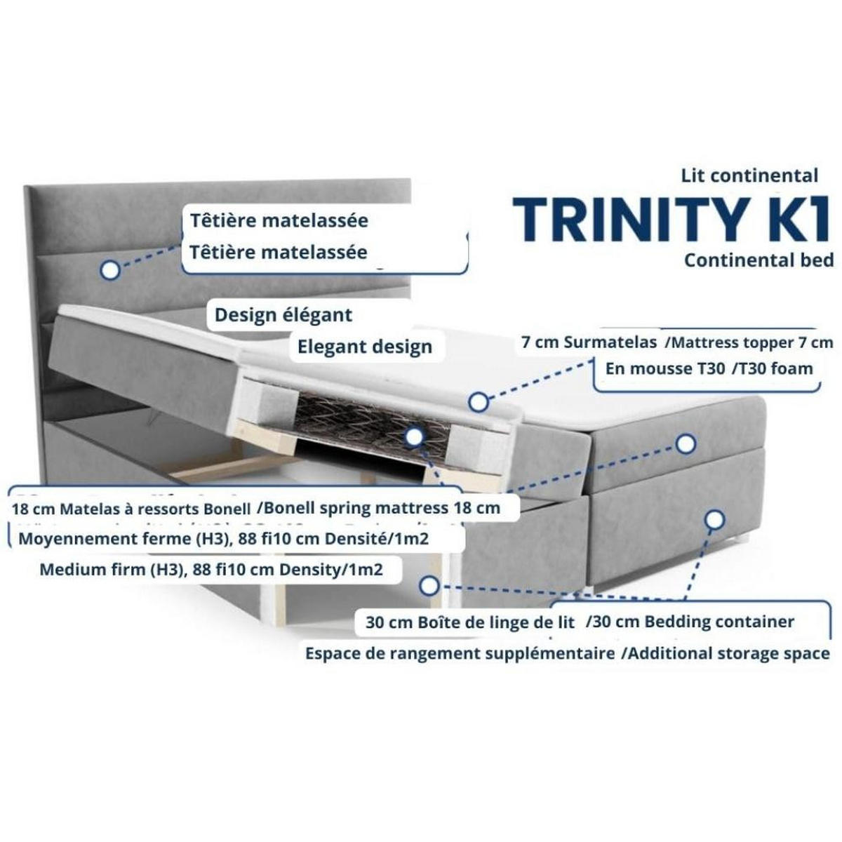 BOXBETT mit Bettkasten Trinity K-1 Bonellfederkern inkl. Topper - Silberfarben, Holz/Holzwerkstoff (200/200cm) - Best For Home