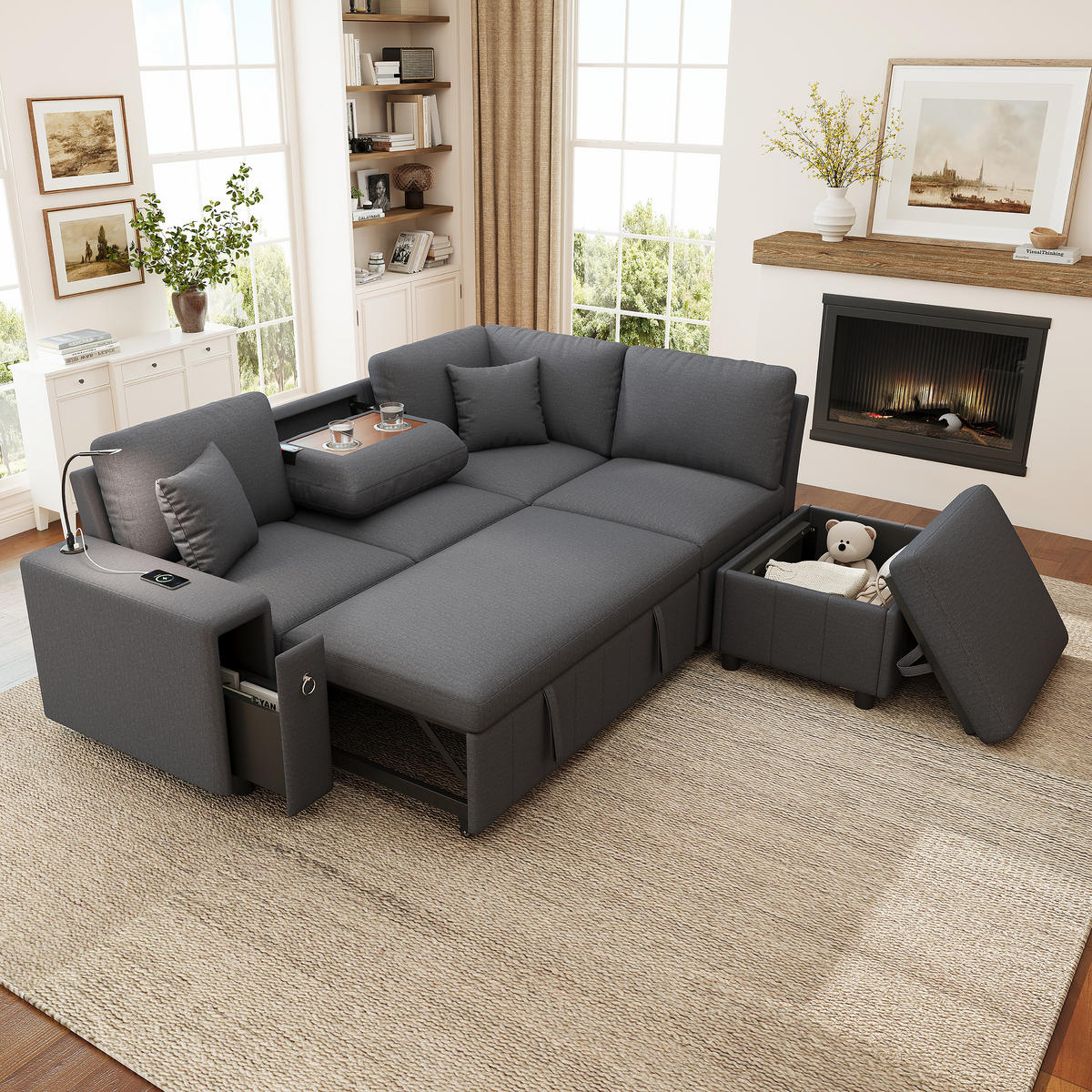 ECKSCHLAFSOFA Leinen Grau mit Hocker, USB, Type-C und Leselicht - Grau, Holzwerkstoff/Kunststoff (213/184cm) - WISHDOR