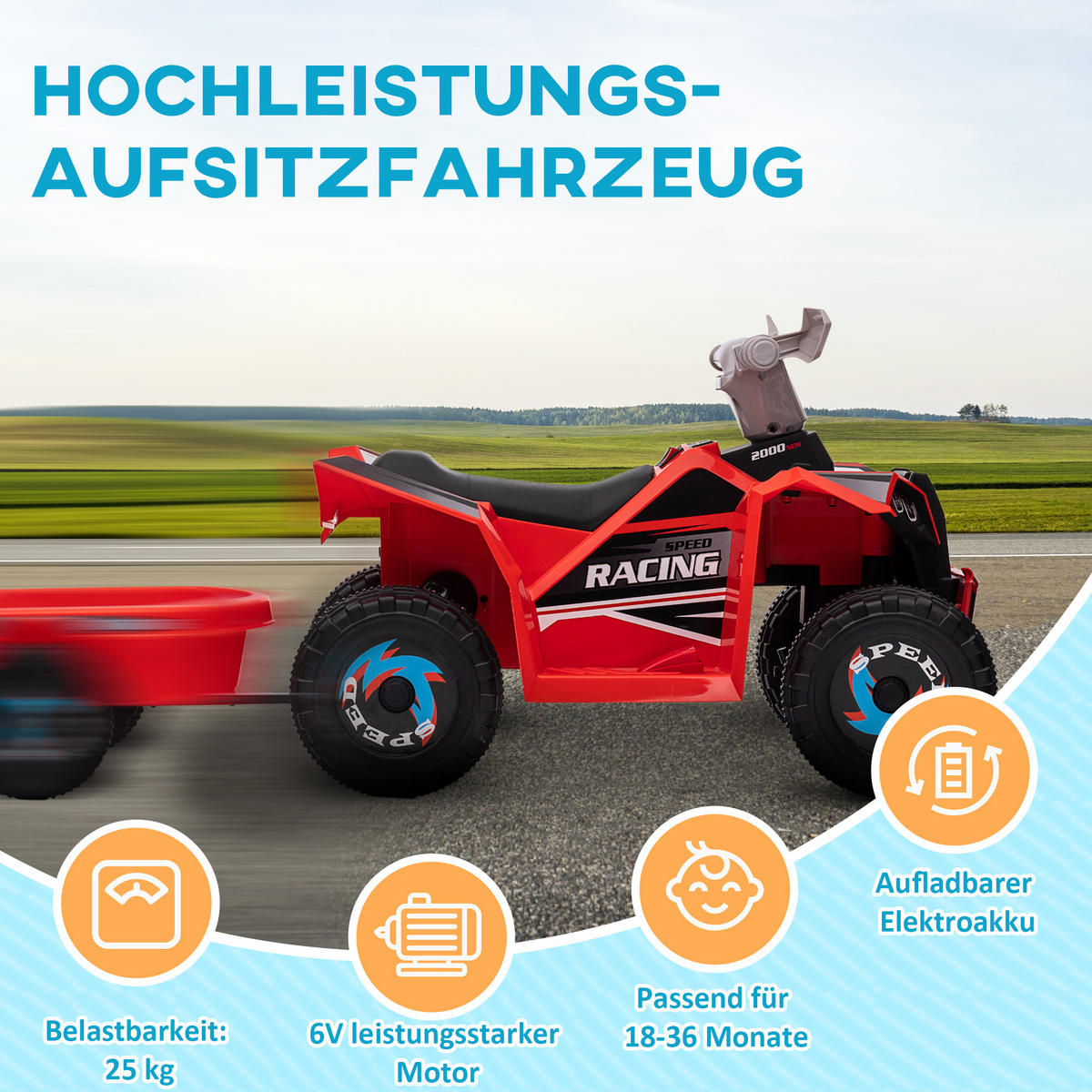 MINI ELEKTRO-QUAD KINDER, Grau+Schwarz+Blau+/Grün/Rot, Kunststoff+ Metall - Rot, Metall (106/41.5/48.5cm) - HOMCOM