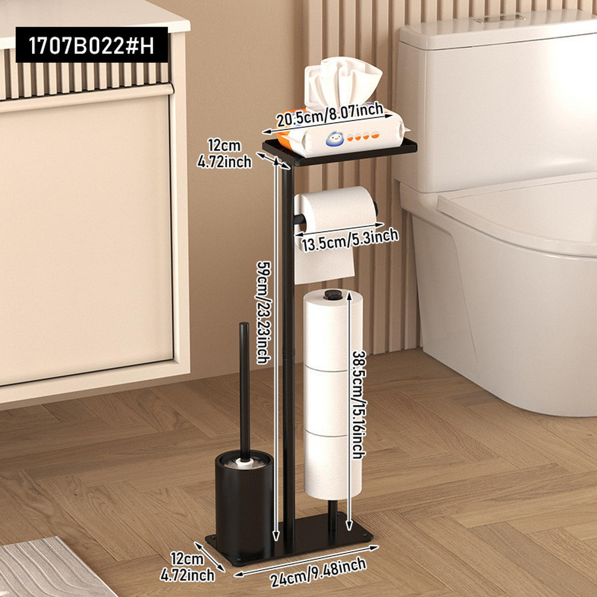 TOILETTENBÜRSTENHALTER – 2-in-1 (Weiß) 24 x 12 x 60 cm - Schwarz, Metall (12/61/24cm)