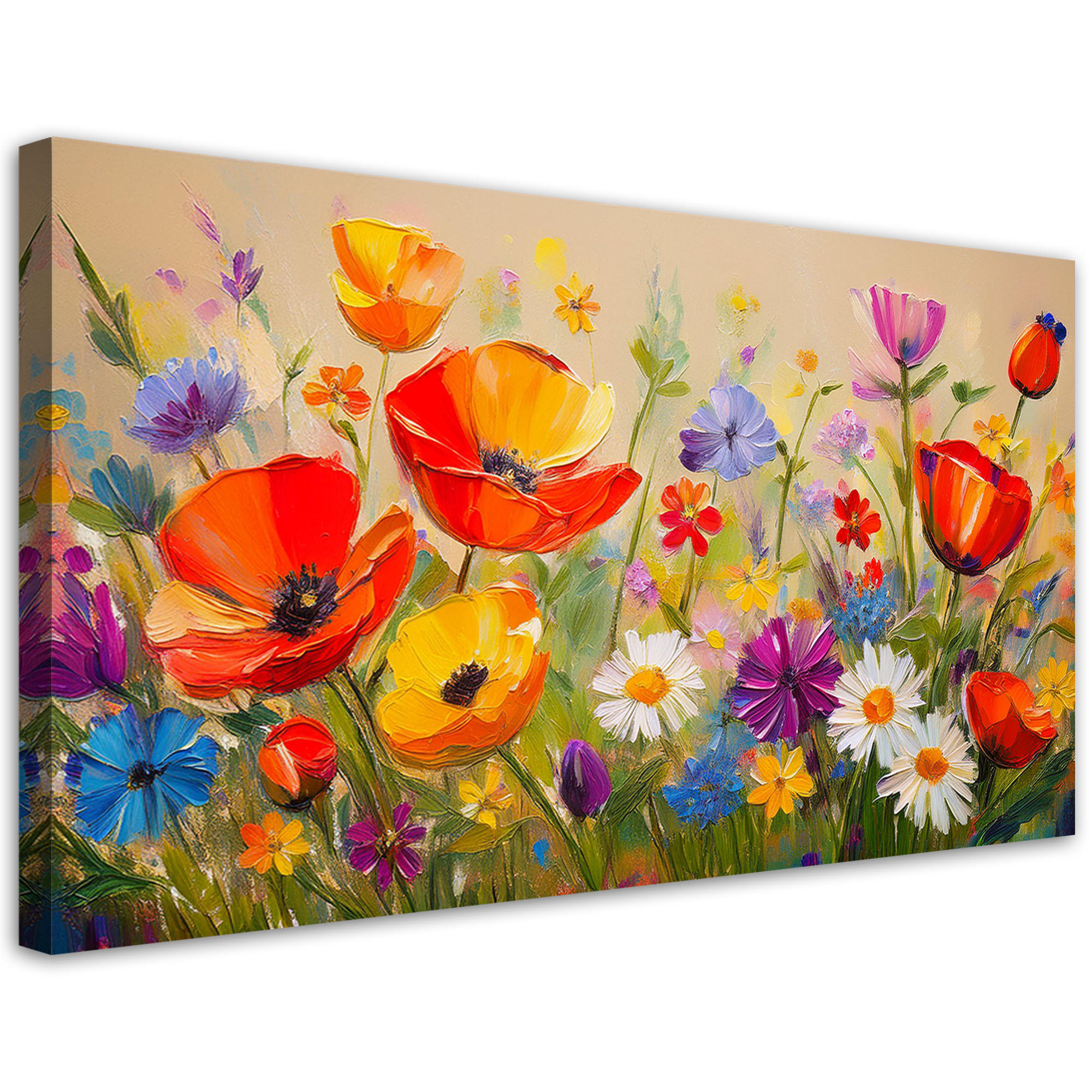 LEINWANDBILD Bunte Mohnblumen auf der Wiese 100x50cm - Multicolor, Textil (100/50cm) - Feeby