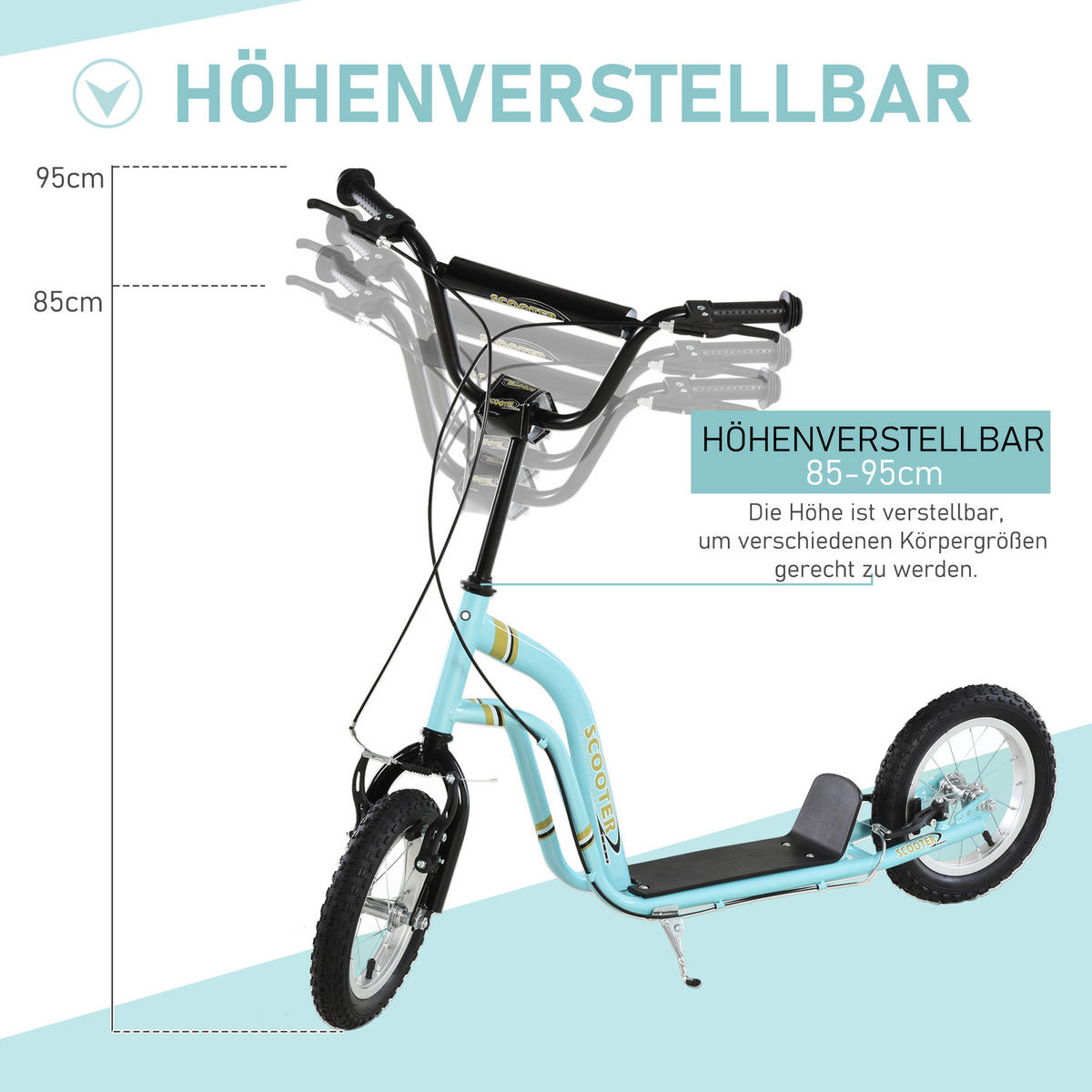 KINDERROLLER Höhenverstellbar Tretroller mit 12 Zoll Luftreifen, Kinder Roller - Hellblau, Metall (120/58/95cm) - HOMCOM