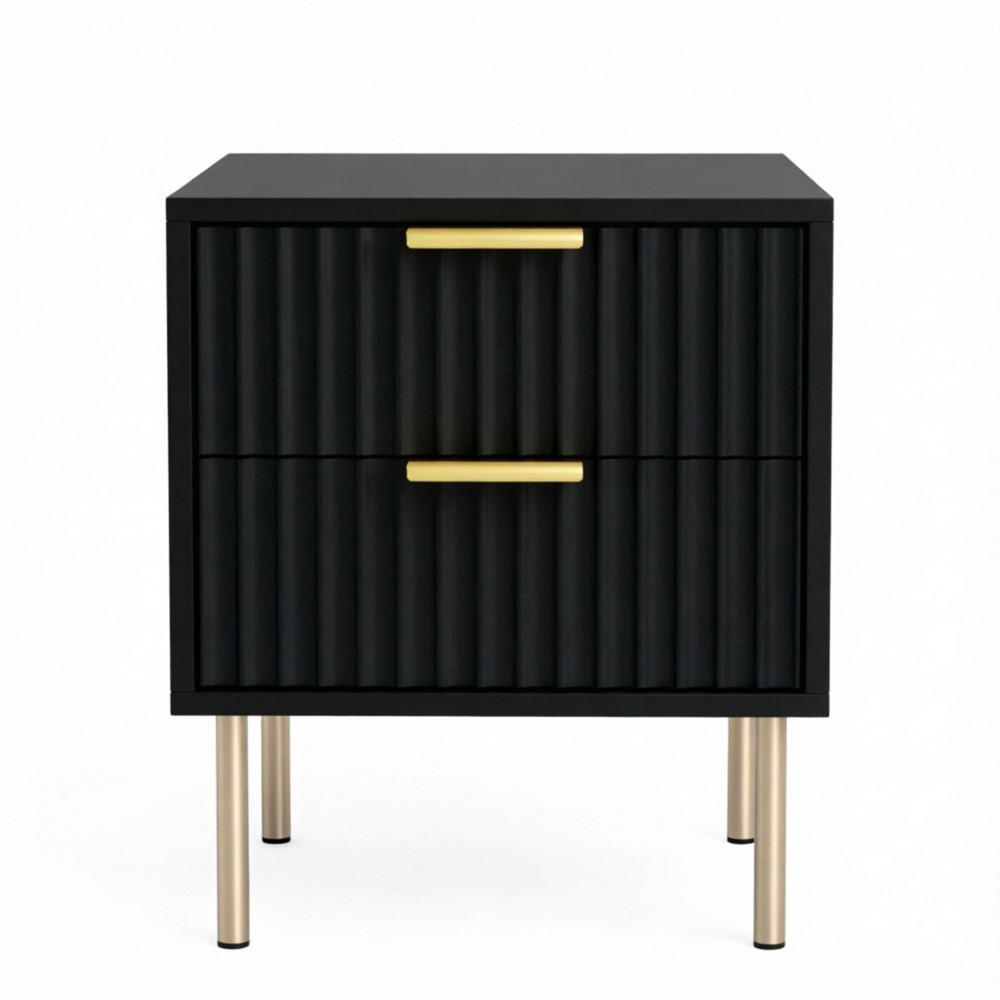 NACHTTISCH 40x39x48 cm Schubladenfront mit Rillenoptik - 2 Schubladen - Goldene Griffe - Schwarz - Schwarz, Holzwerkstoff (39/48/40cm) - DELFA