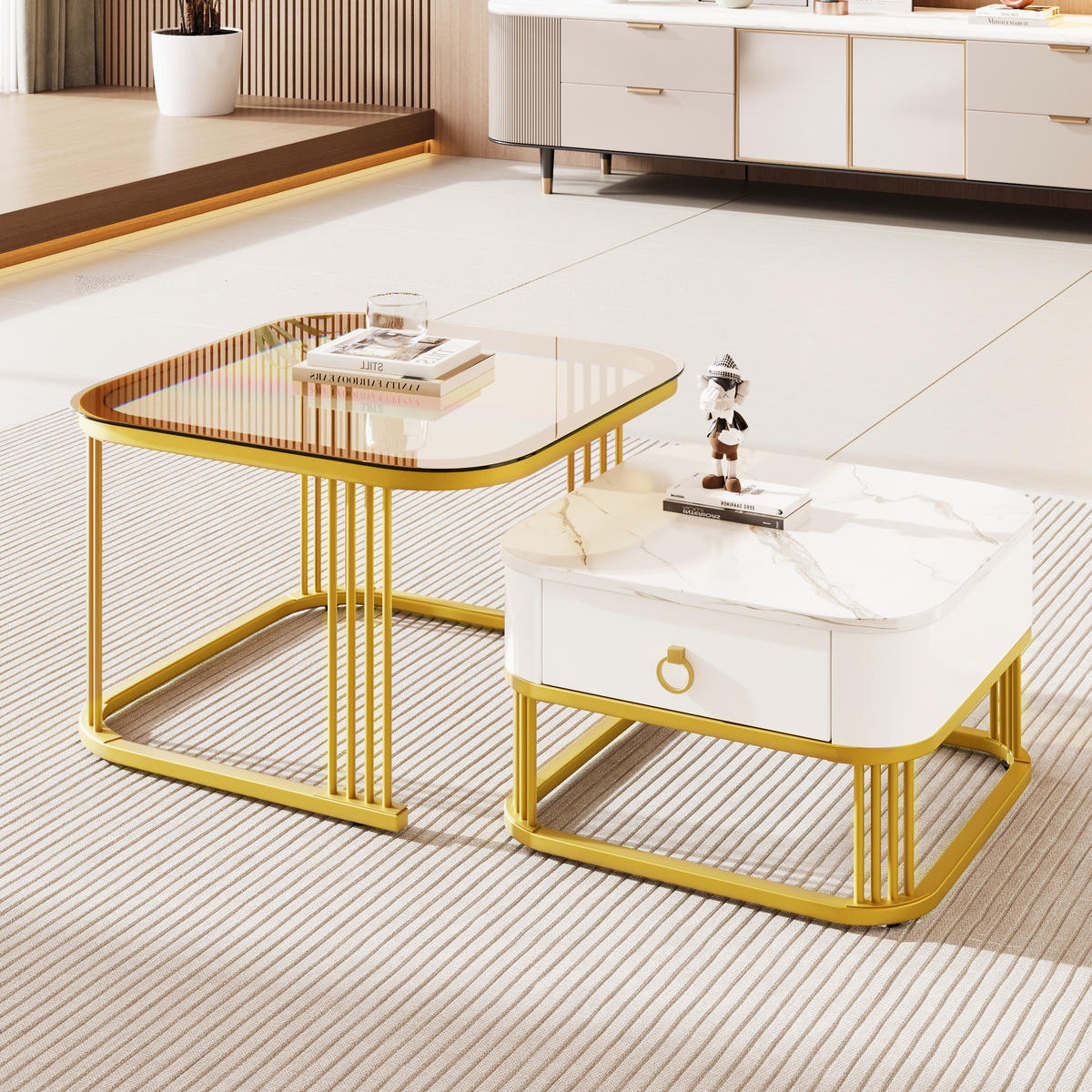 COUCHTISCH-SET, MDF Hochglanz-Marmoroptik, Goldakzente, mit Schublade, 60/60/42,5 + 50/50/34 cm, Weiß und Gold und Teebraun - Braun, Holzwerkstoff (60/60/42.5cm) - Redom