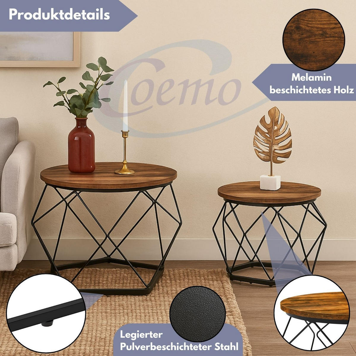 BEISTELLTISCH DUETT 2er-Set Metall Ø 50 / 40 cm H: 40 / 36 cm - Braun, Metall (50/50/40cm) - Coemo