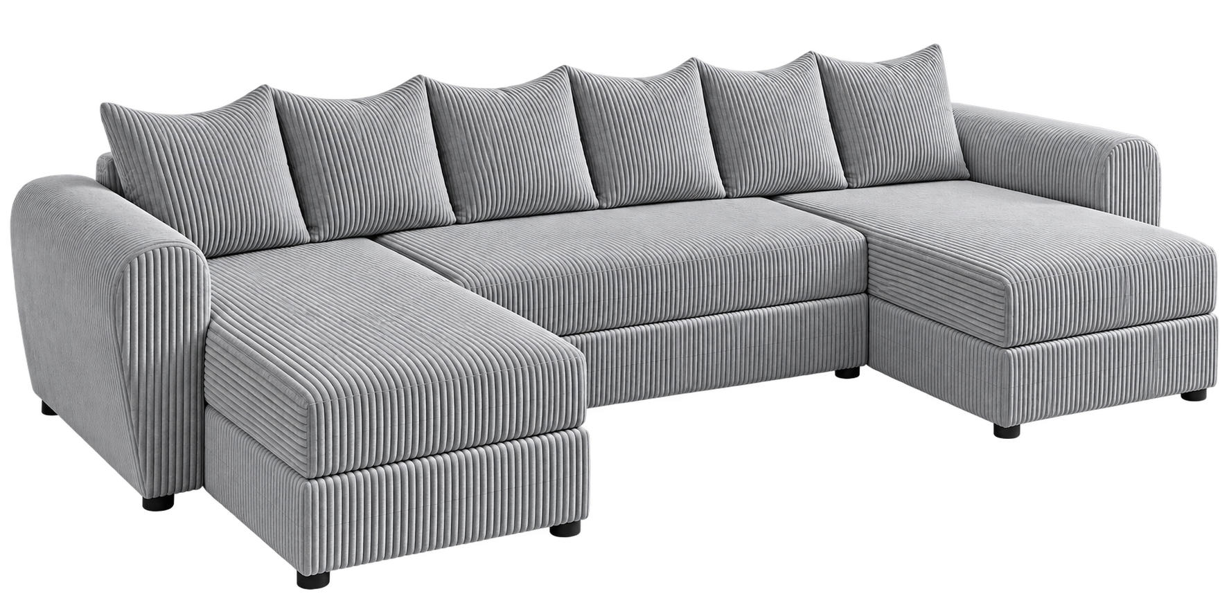 WOHNLANDSCHAFT PUMA U 308 cm – Cord Sofa in U-Form mit Schlaffunktion, Bettkasten und weichem Cordbezug - Hellgrau/Schwarz, Kunststoff (308/85/140cm)